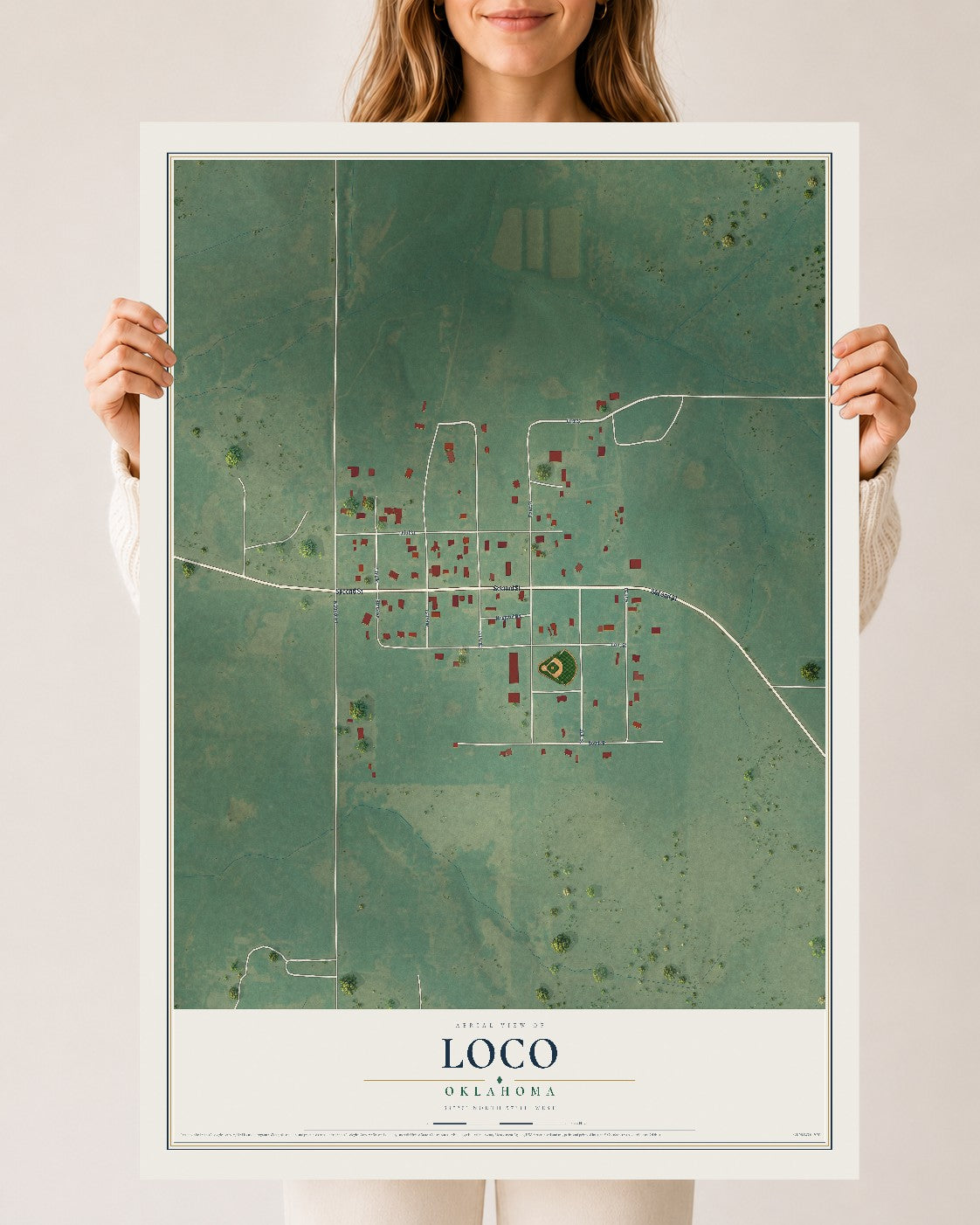 Map of Loco, Oklahoma, 24 x 36 inch unframed archival matte print