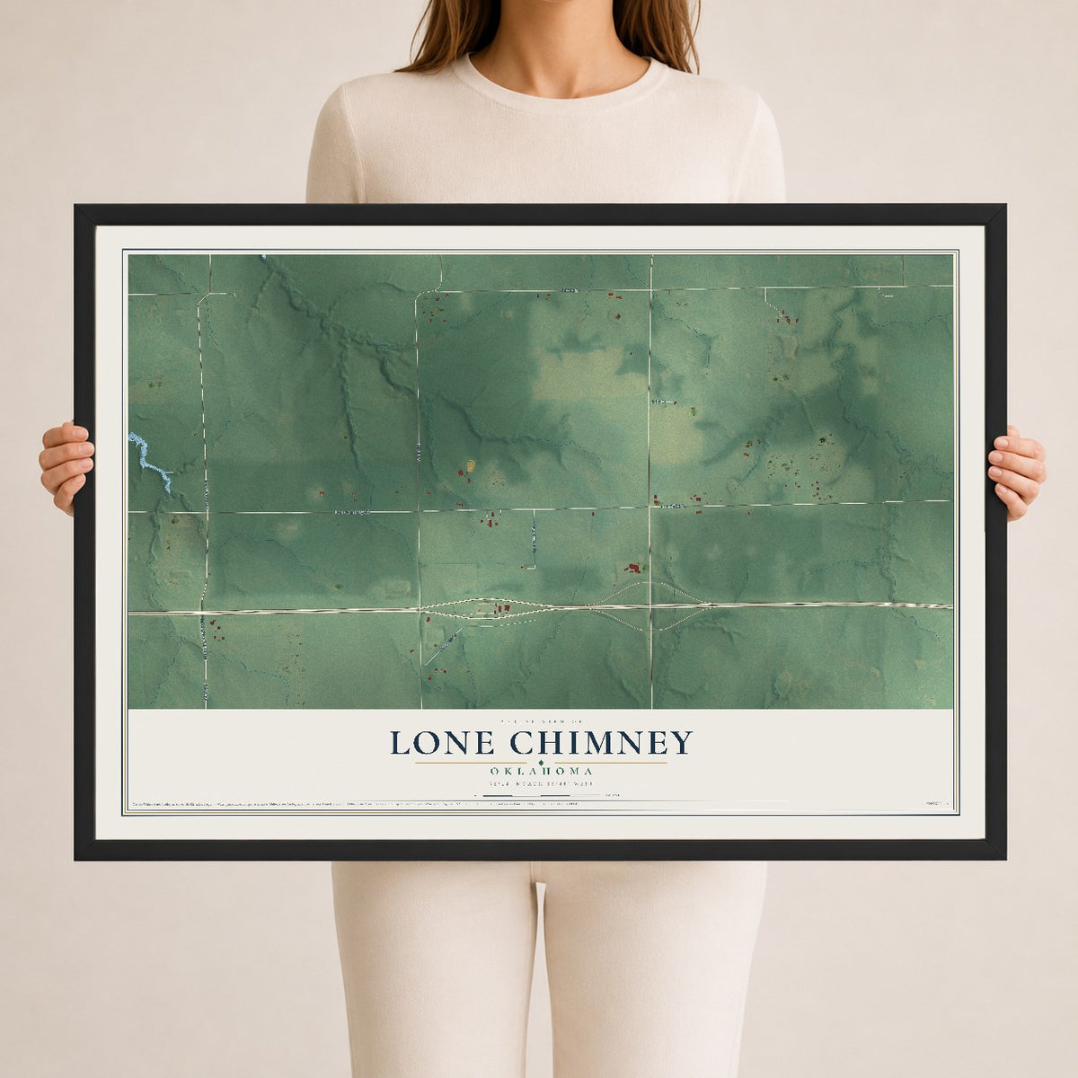 Map of Lone Chimney, Oklahoma, 24 x 36 inch print in a black wood frame