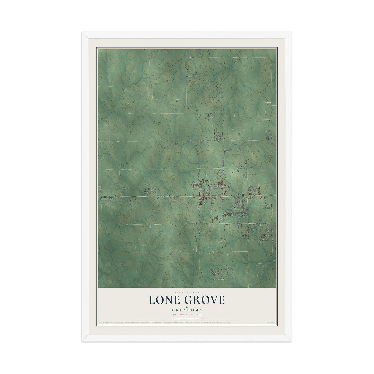 Map of Lone Grove, Oklahoma, 12 x 18 inch print in a white wood frame