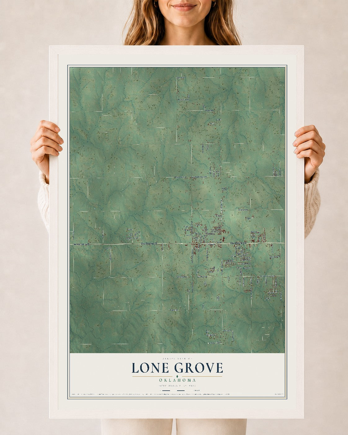 Map of Lone Grove, Oklahoma, 24 x 36 inch print in a white wood frame