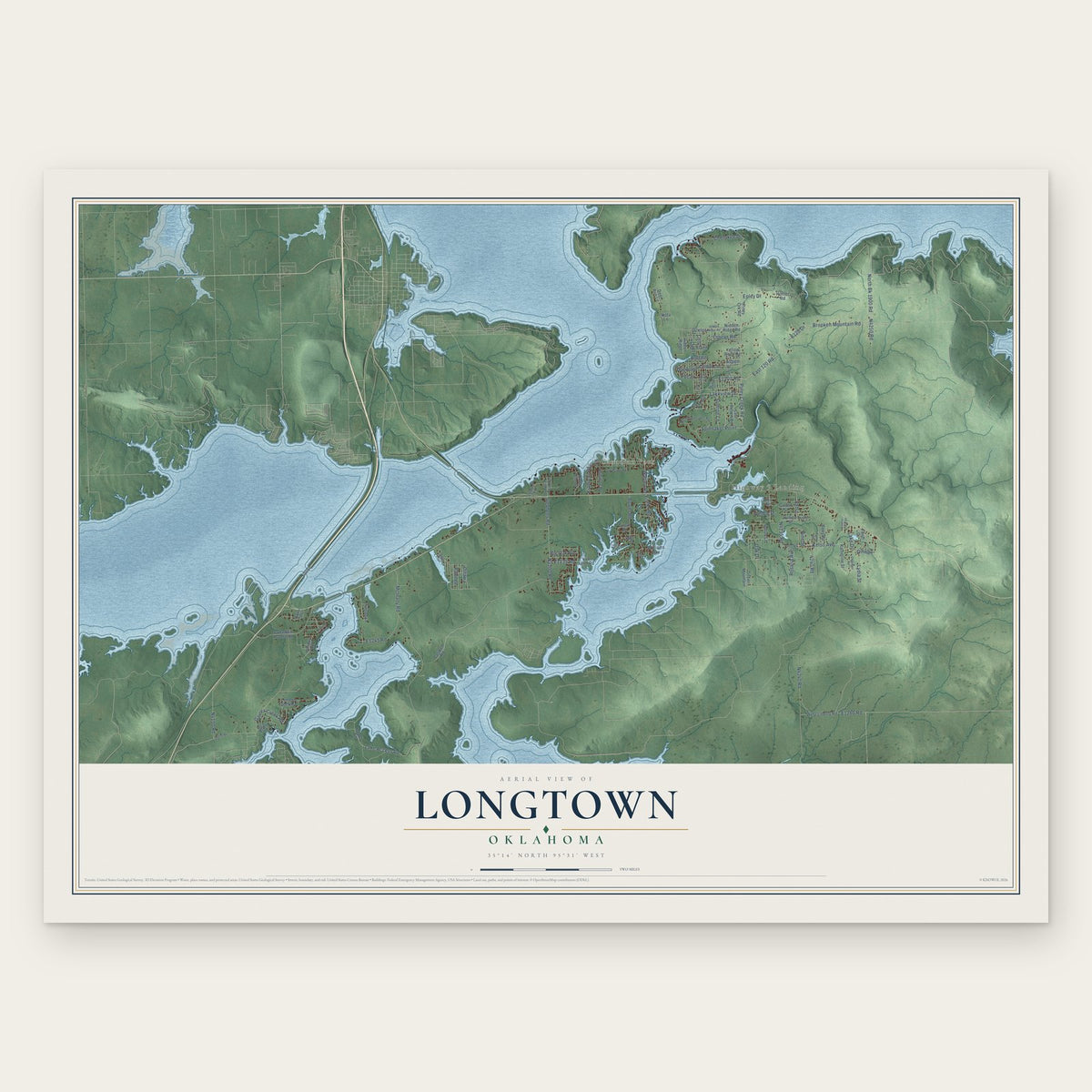 Longtown, Oklahoma map print, the full design