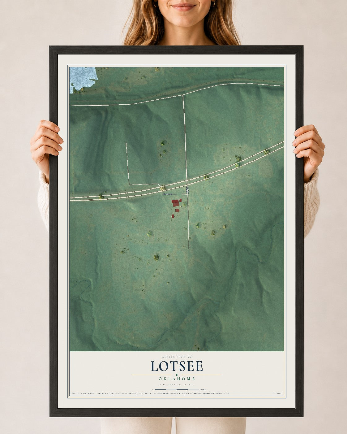 Map of Lotsee, Oklahoma, 24 x 36 inch print in a black wood frame