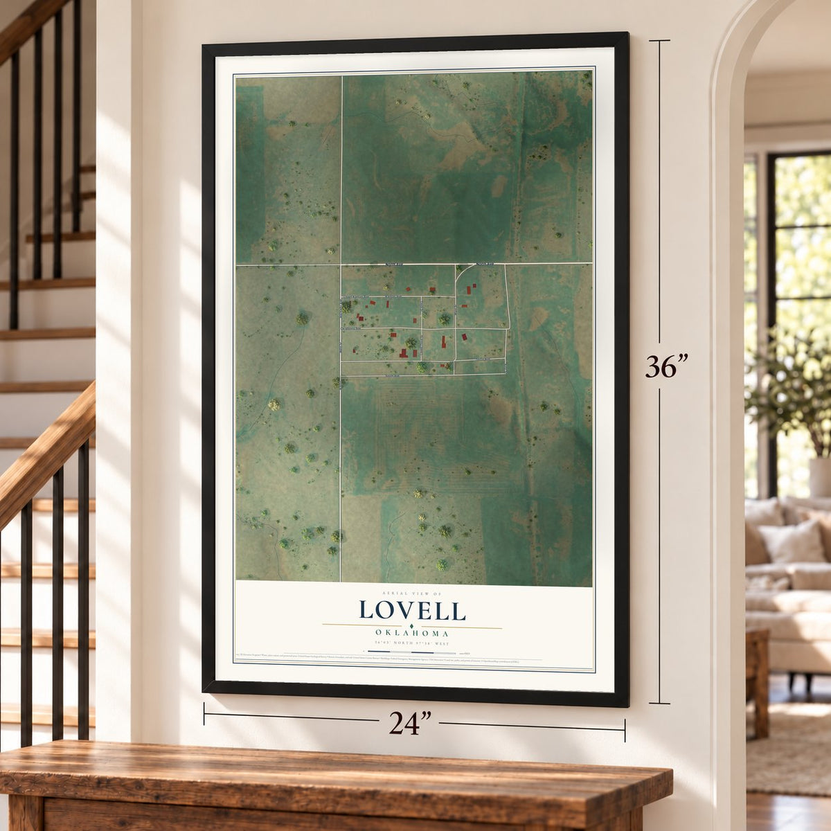 Lovell, Oklahoma map, 24 x 36 inch print in a black frame by a staircase