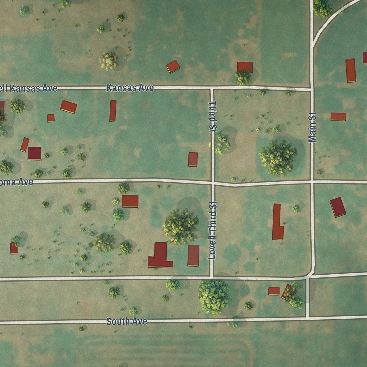 Close-up of the map of Lovell, Oklahoma print showing street and building detail