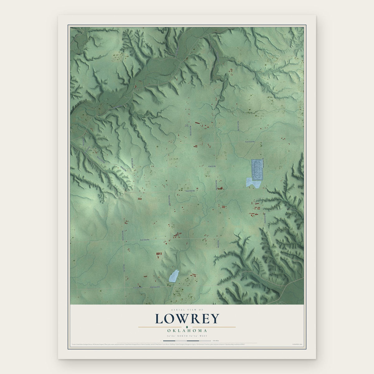 Lowrey, Oklahoma map print, the full design