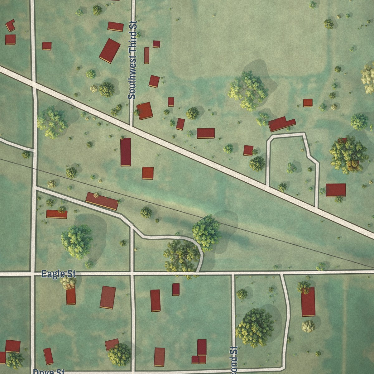 Close-up of the map of Lucien, Oklahoma print showing street and building detail