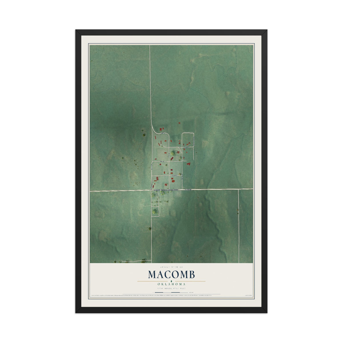 Map of Macomb, Oklahoma, 12 x 18 inch print in a black wood frame