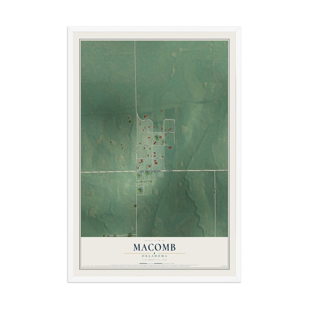Map of Macomb, Oklahoma, 12 x 18 inch print in a white wood frame