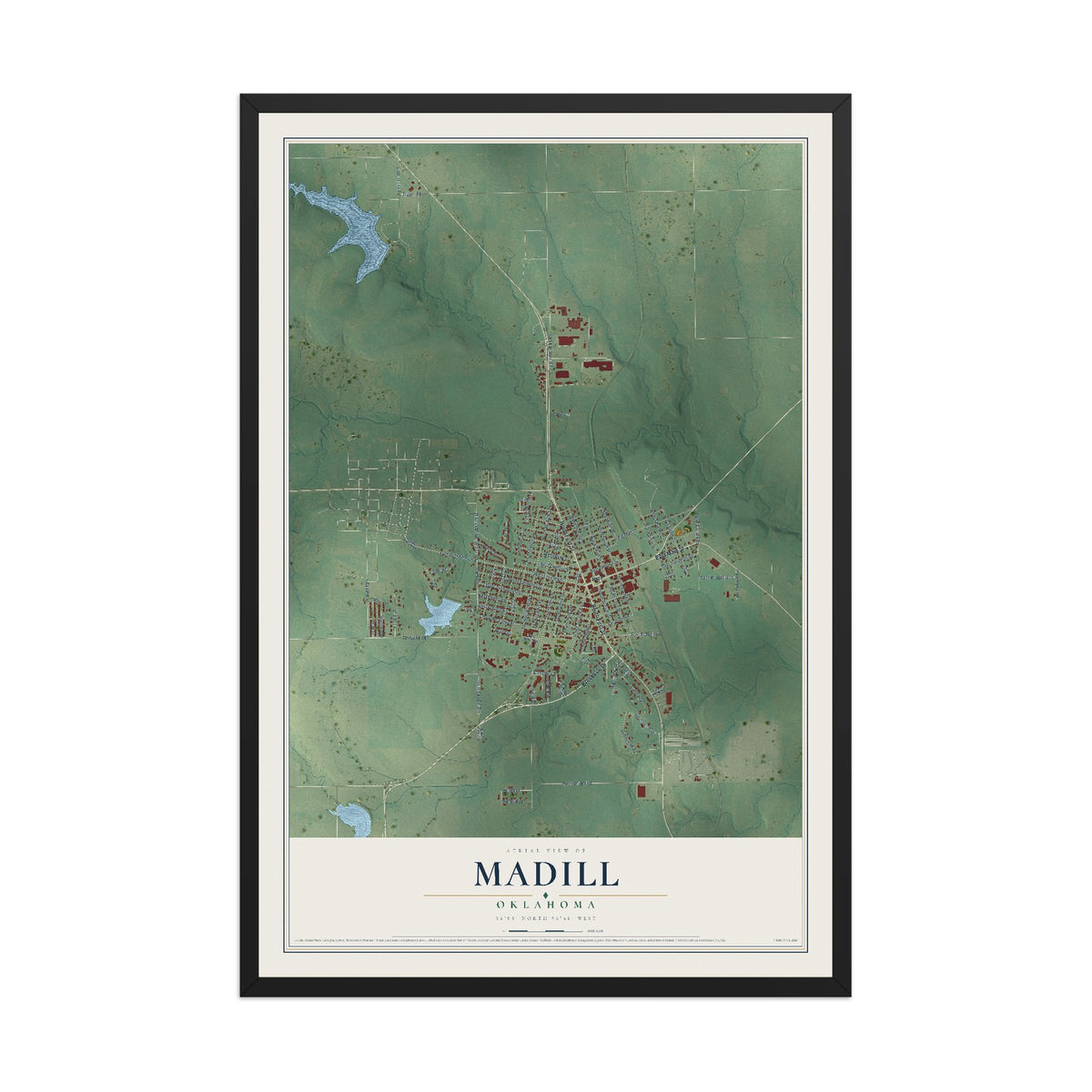 Map of Madill, Oklahoma, 12 x 18 inch print in a black wood frame