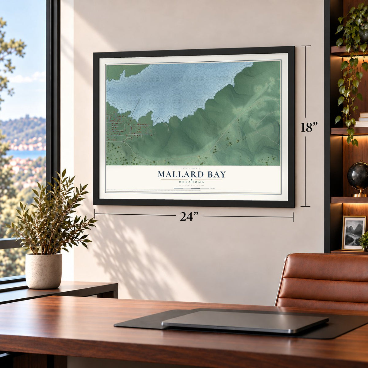 Mallard Bay, Oklahoma map, 18 x 24 inch print in a black frame in a home office