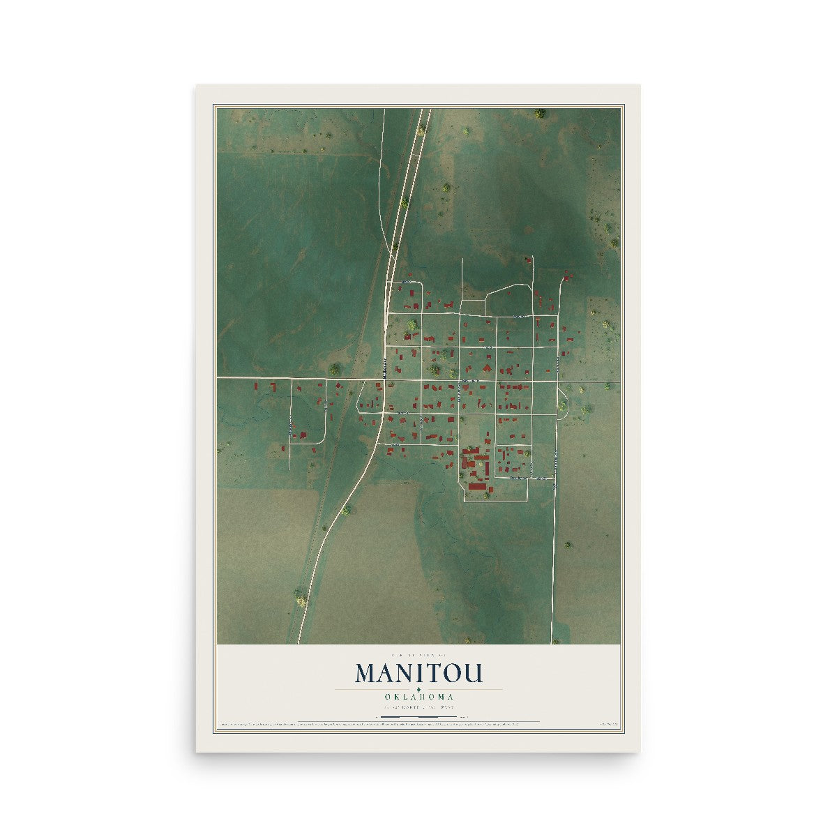 Map of Manitou, Oklahoma, 12 x 18 inch unframed archival matte print