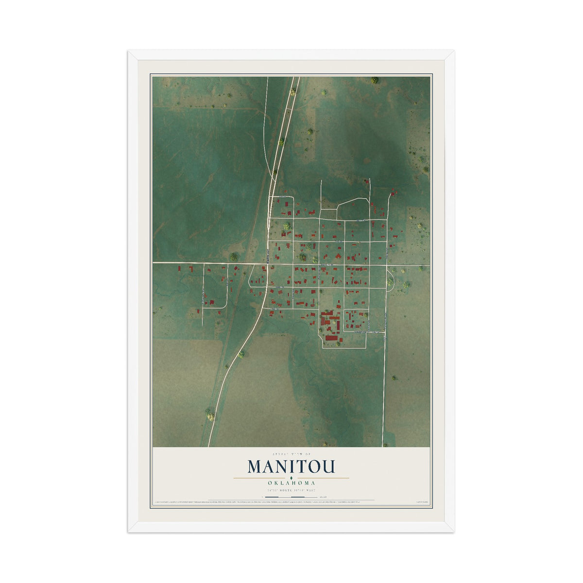 Map of Manitou, Oklahoma, 12 x 18 inch print in a white wood frame