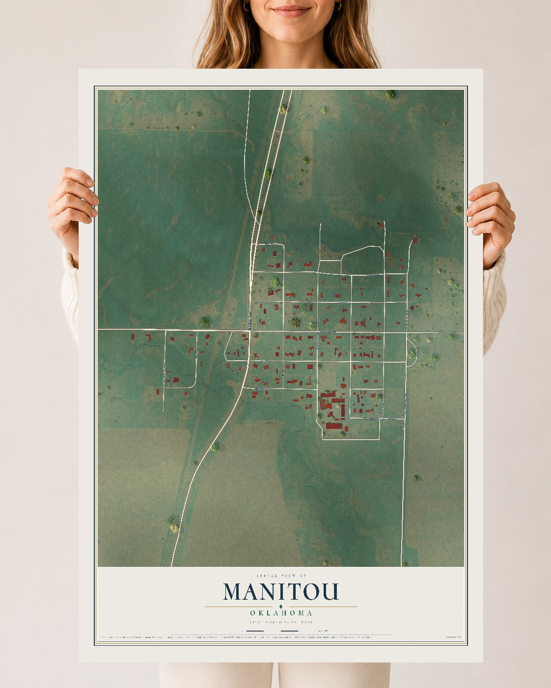 Map of Manitou, Oklahoma, 24 x 36 inch unframed archival matte print