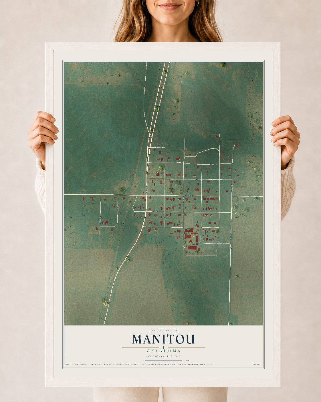 Map of Manitou, Oklahoma, 24 x 36 inch print in a white wood frame