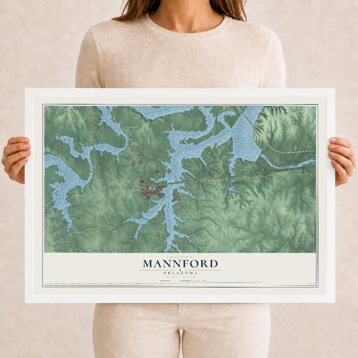 Map of Mannford, Oklahoma, 12 x 18 inch print in a white wood frame