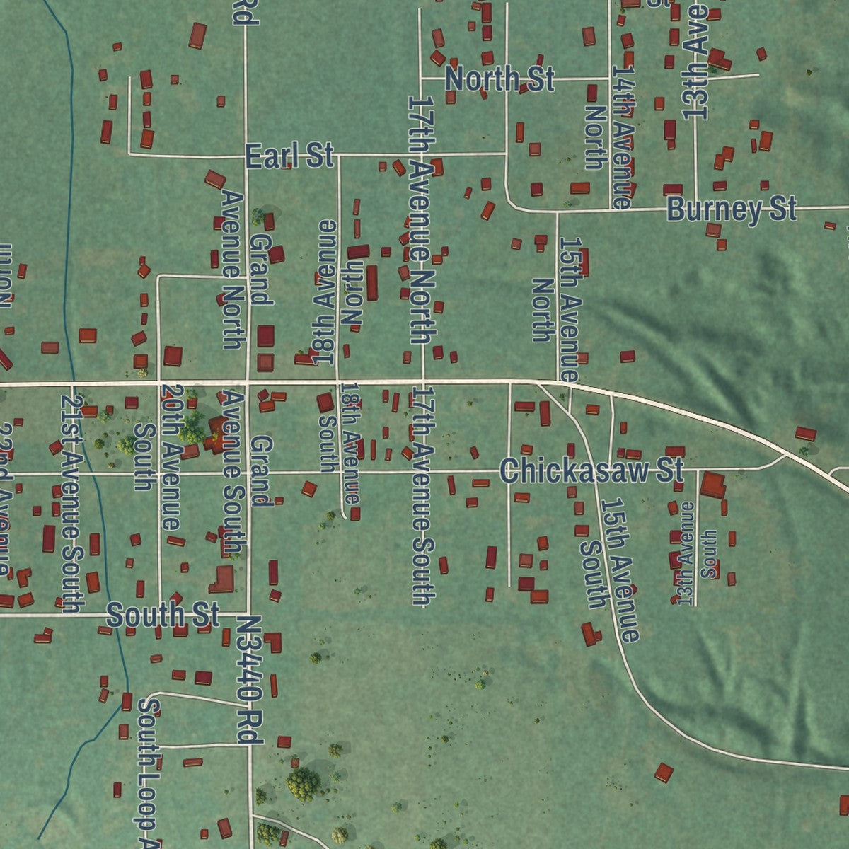 Close-up of the map of Mannsville, Oklahoma print showing street and building detail