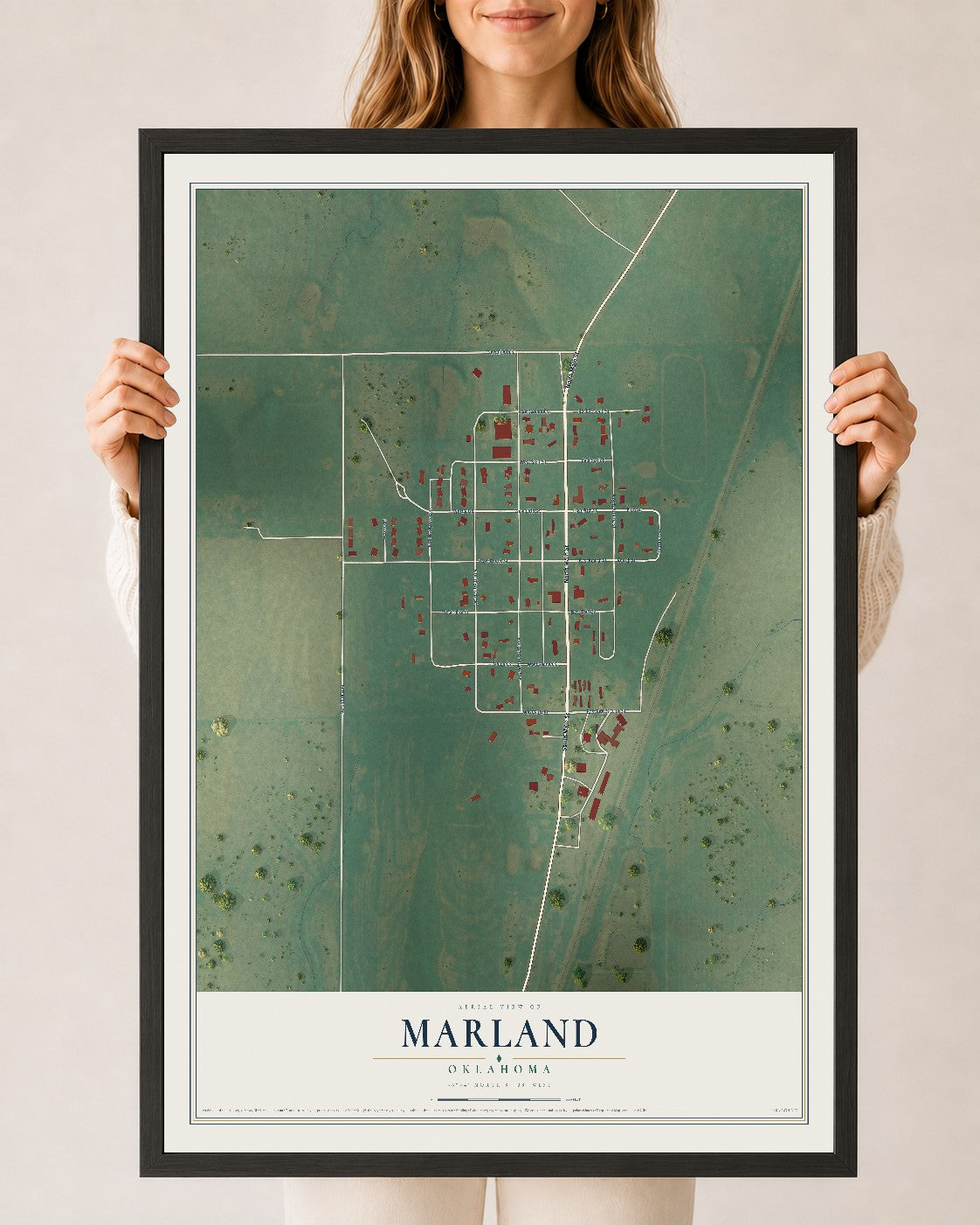 Map of Marland, Oklahoma, 24 x 36 inch print in a black wood frame