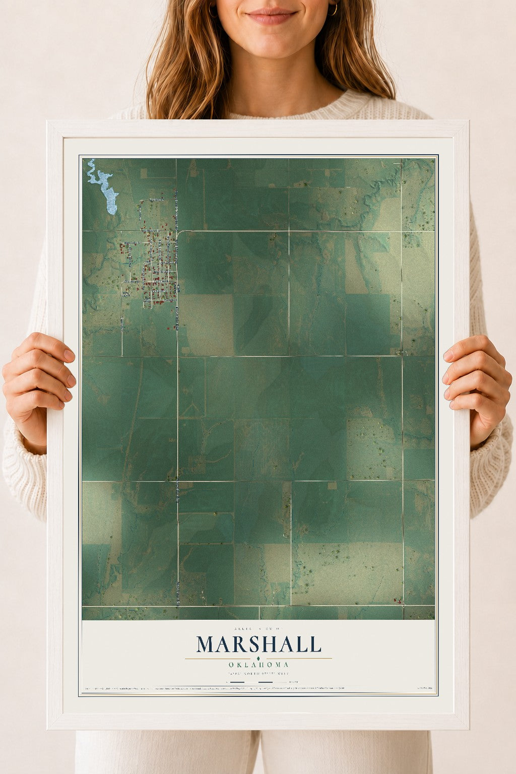Map of Marshall, Oklahoma, 18 x 24 inch print in a white wood frame