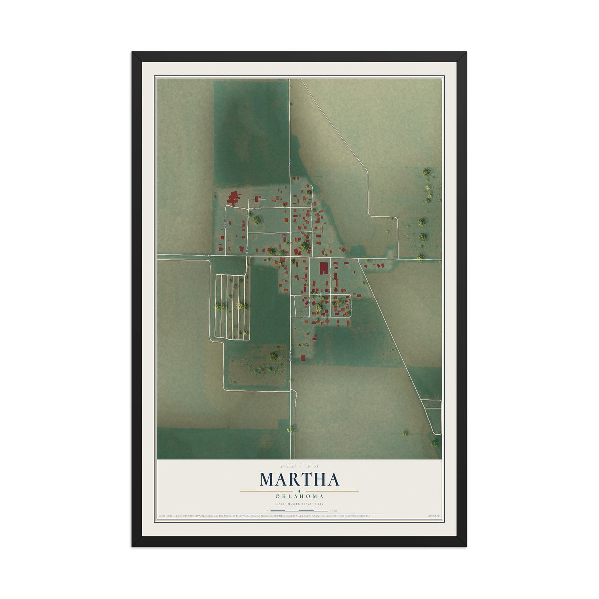 Map of Martha, Oklahoma, 12 x 18 inch print in a black wood frame
