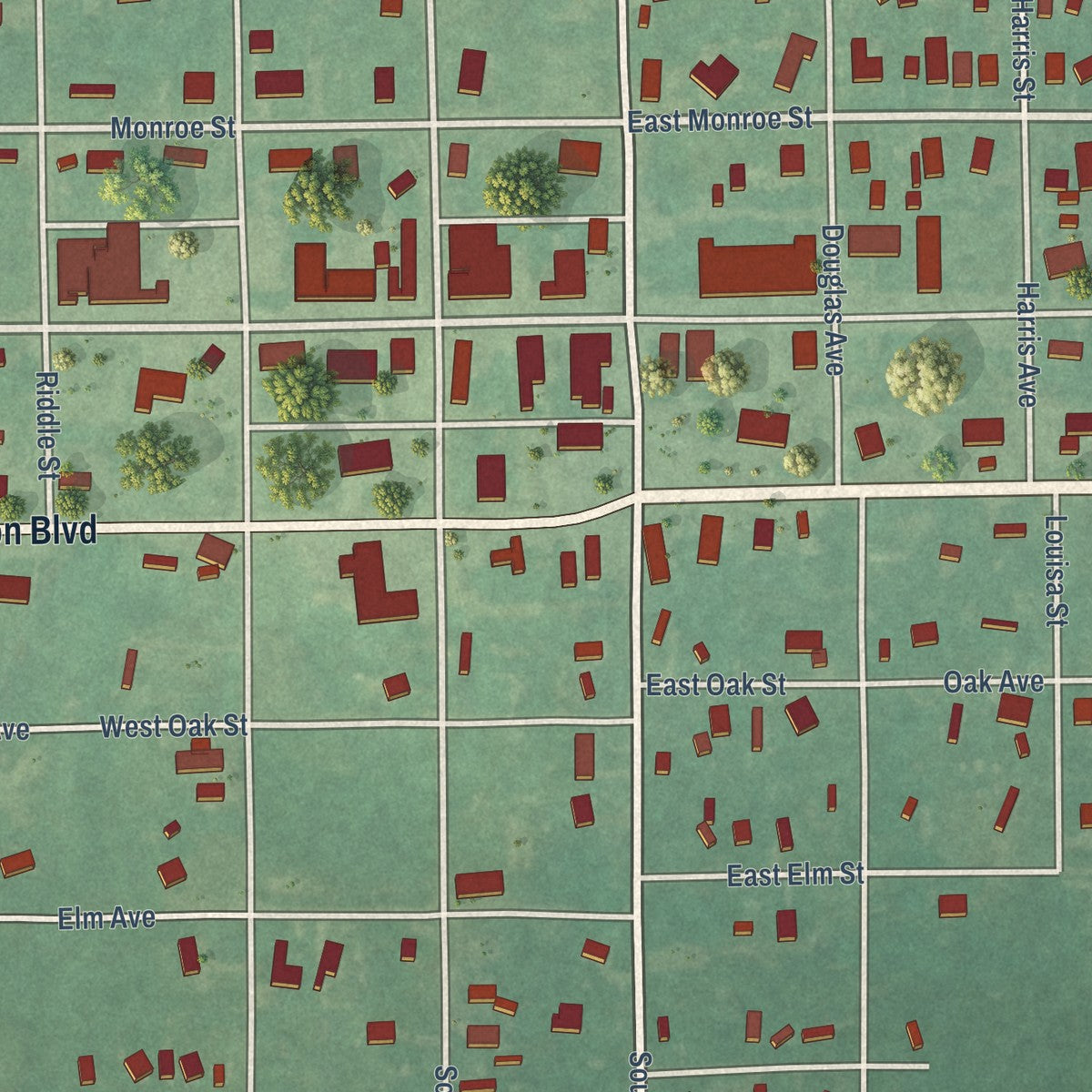 Close-up of the map of Maud, Oklahoma print showing street and building detail