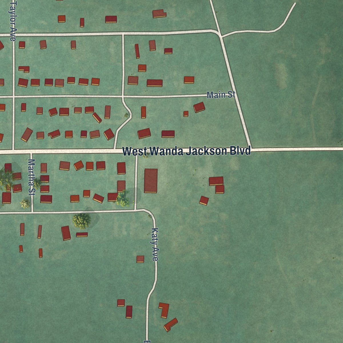 Second close-up of the map of Maud, Oklahoma print showing more streets and buildings