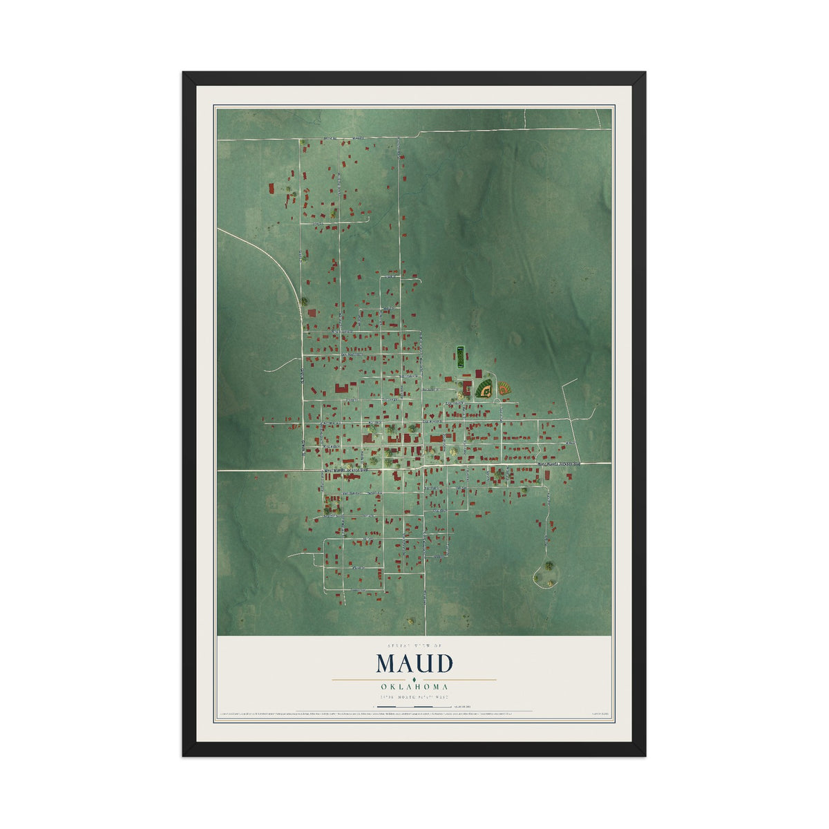 Map of Maud, Oklahoma, 12 x 18 inch print in a black wood frame