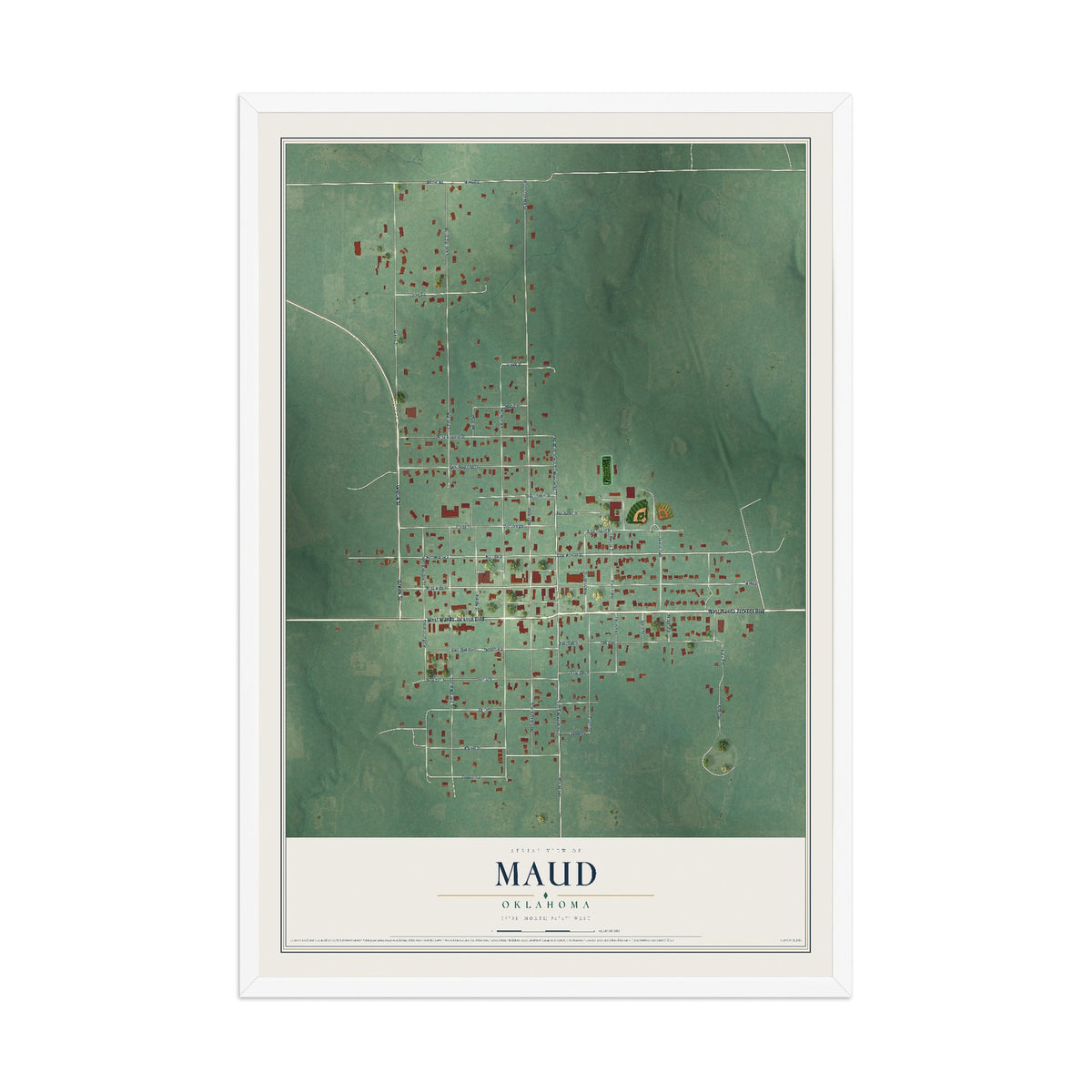 Map of Maud, Oklahoma, 12 x 18 inch print in a white wood frame