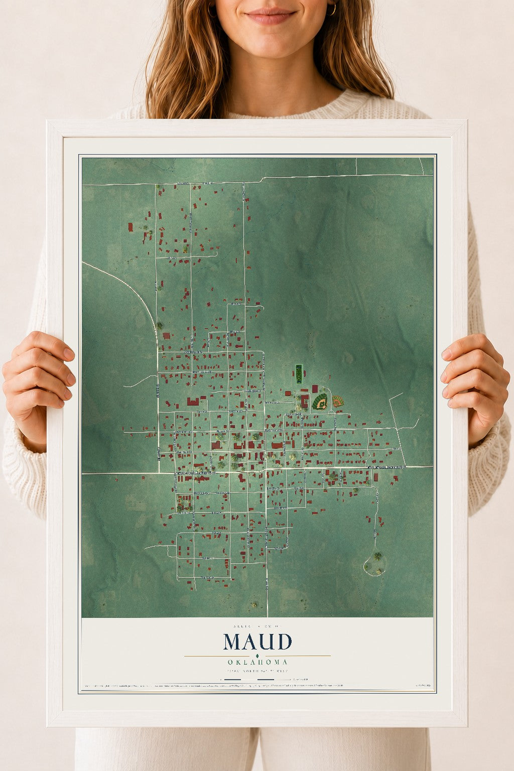 Map of Maud, Oklahoma, 18 x 24 inch print in a white wood frame
