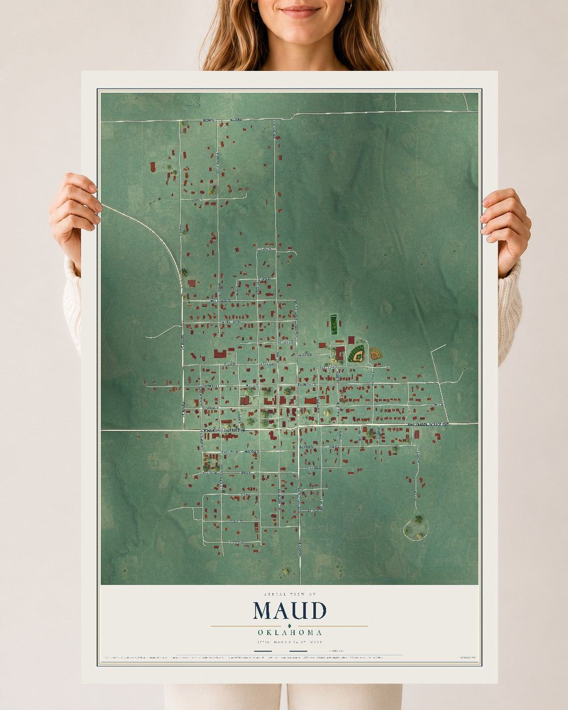 Map of Maud, Oklahoma, 24 x 36 inch unframed archival matte print