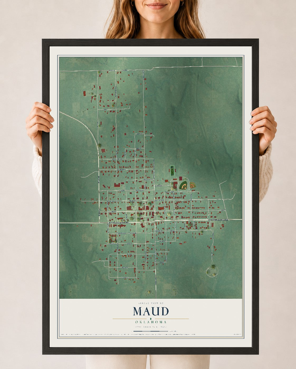 Map of Maud, Oklahoma, 24 x 36 inch print in a black wood frame