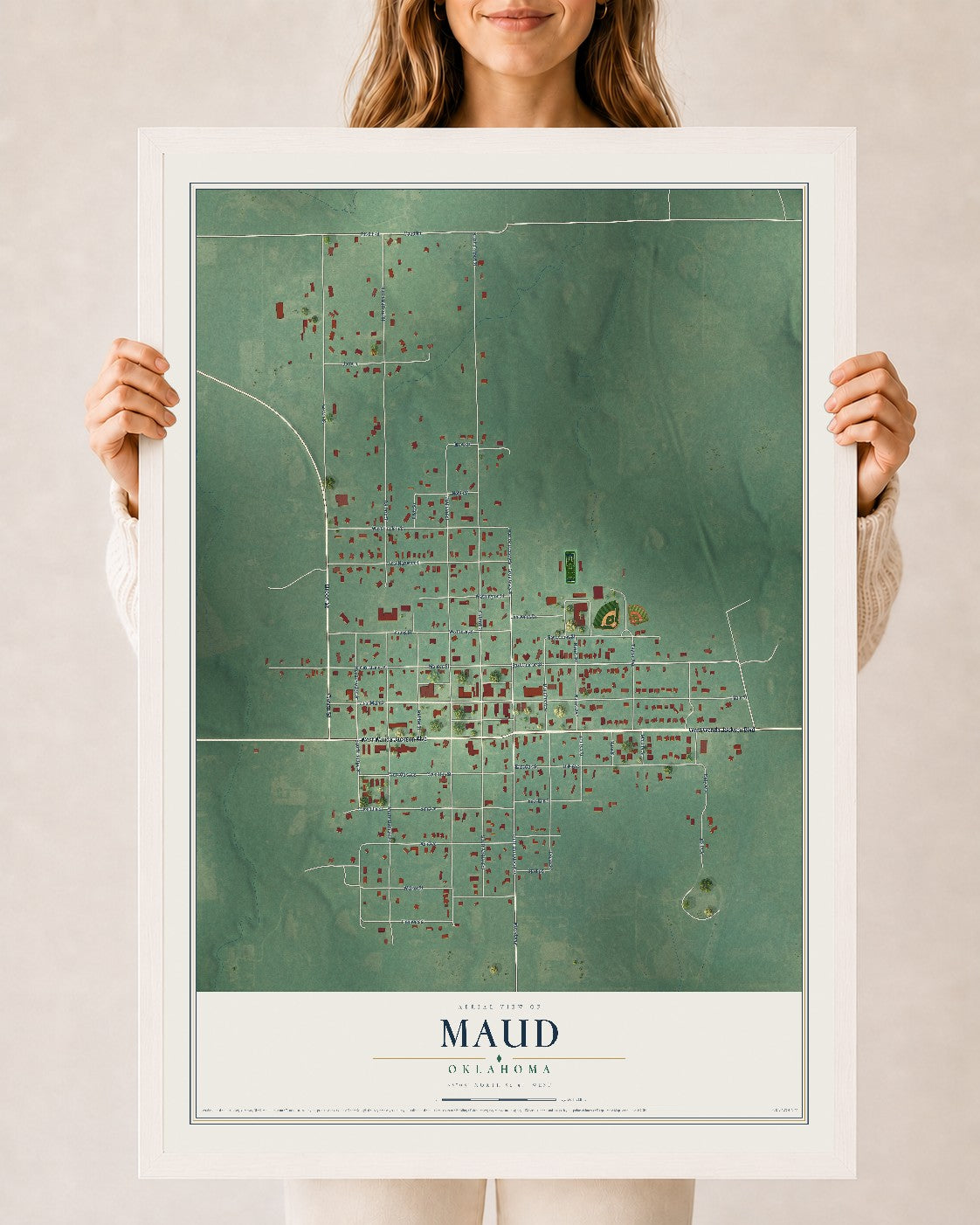 Map of Maud, Oklahoma, 24 x 36 inch print in a white wood frame
