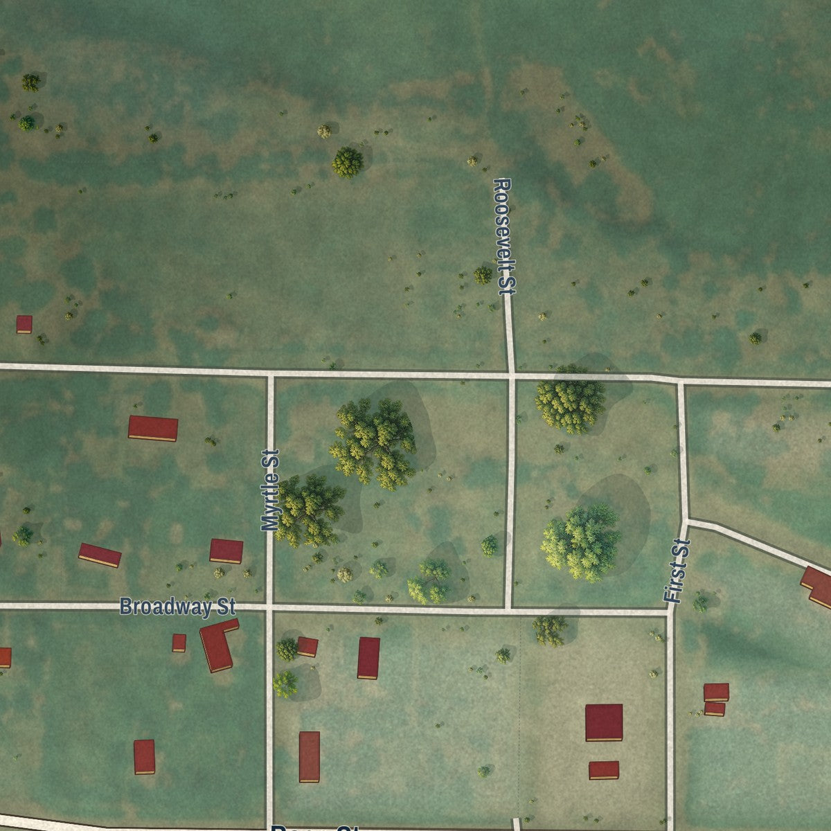 Second close-up of the map of May, Oklahoma print showing more streets and buildings