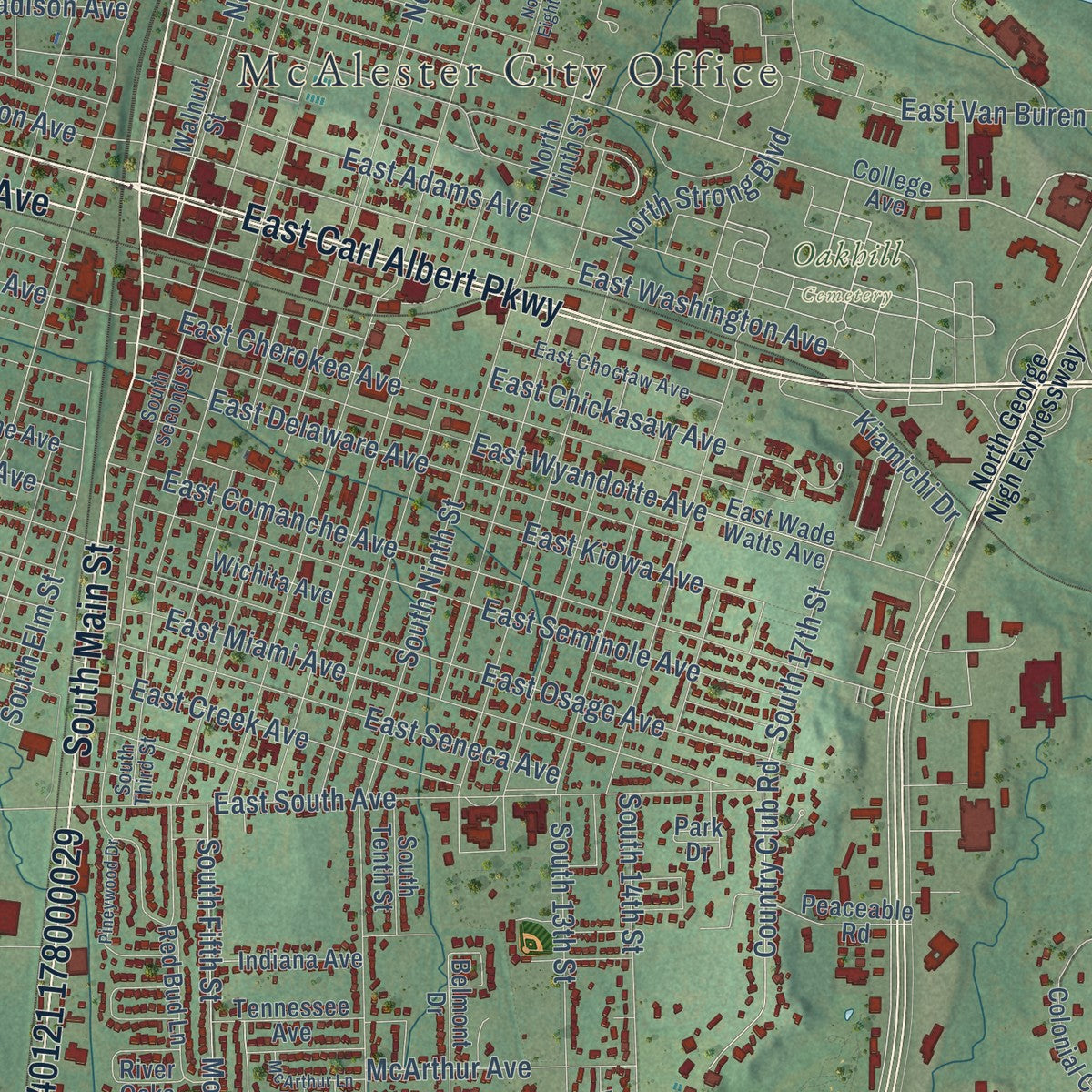 Close-up of the map of McAlester, Oklahoma print showing street and building detail