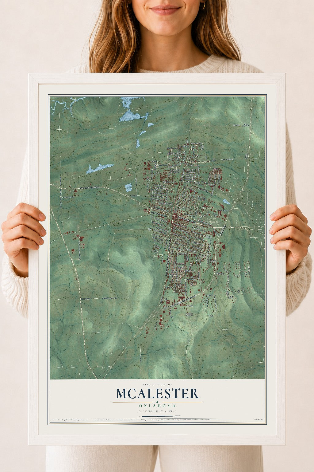 Map of McAlester, Oklahoma, 18 x 24 inch print in a white wood frame