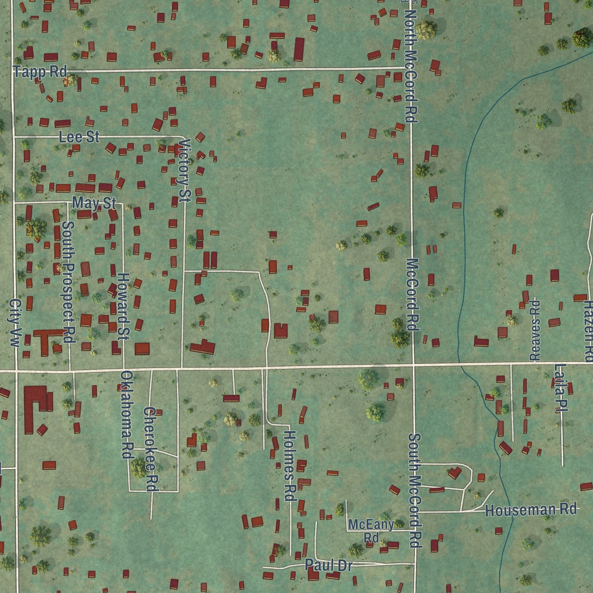 Close-up of the map of McCord, Oklahoma print showing street and building detail