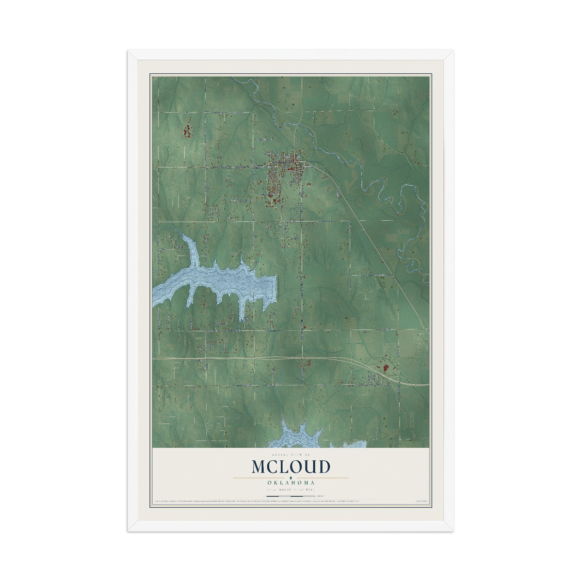Map of McLoud, Oklahoma, 12 x 18 inch print in a white wood frame