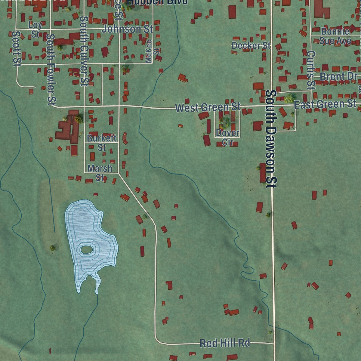 Close-up of the map of Meeker, Oklahoma print showing street and building detail