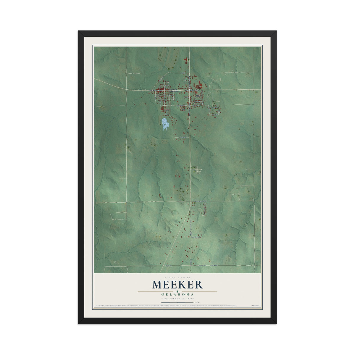 Map of Meeker, Oklahoma, 12 x 18 inch print in a black wood frame
