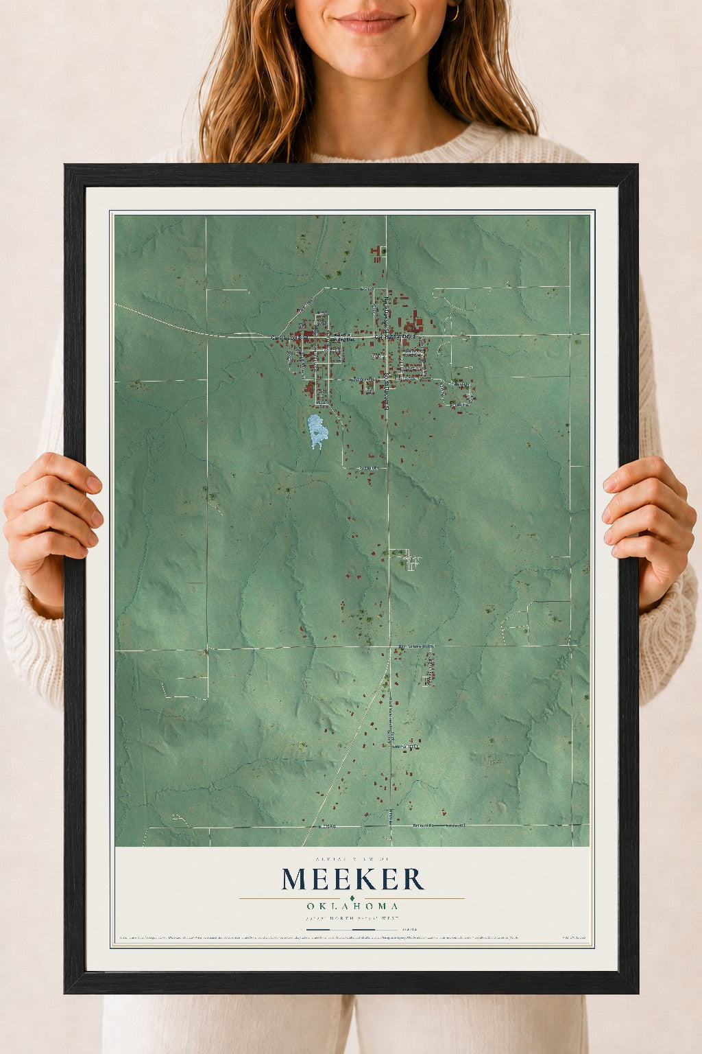 Map of Meeker, Oklahoma, 18 x 24 inch print in a black wood frame