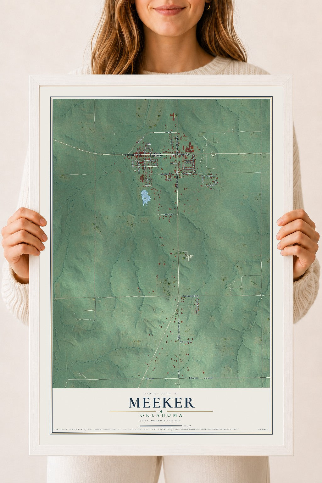 Map of Meeker, Oklahoma, 18 x 24 inch print in a white wood frame