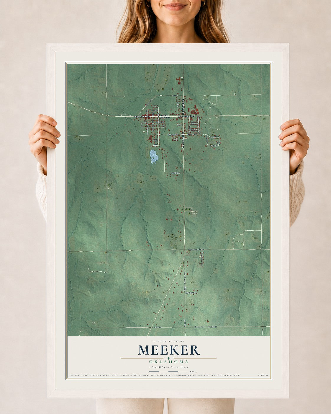 Map of Meeker, Oklahoma, 24 x 36 inch print in a white wood frame