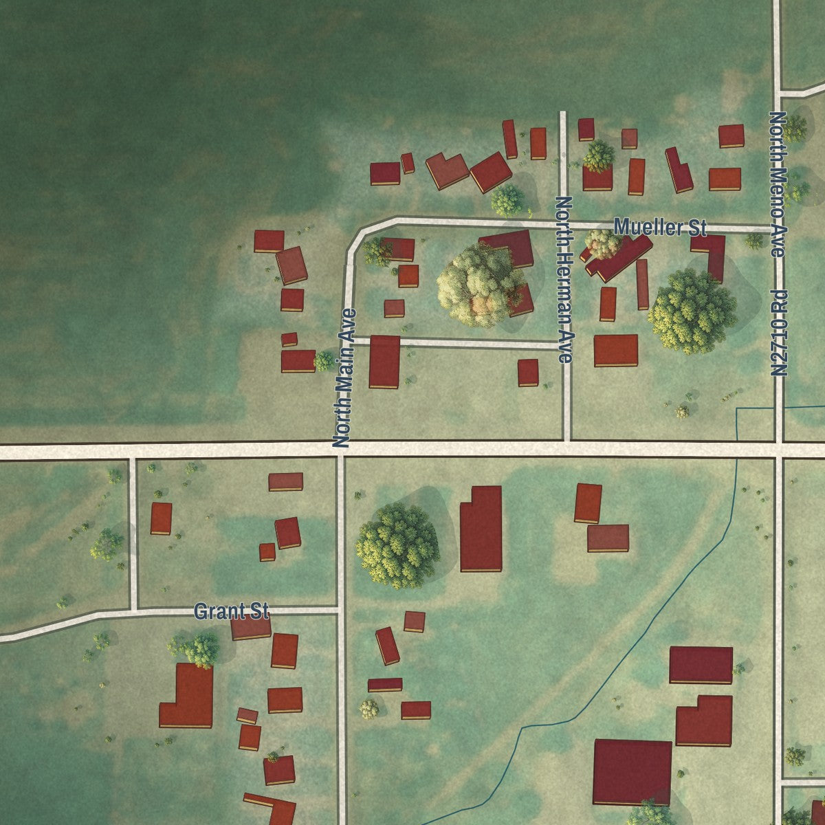 Second close-up of the map of Meno, Oklahoma print showing more streets and buildings