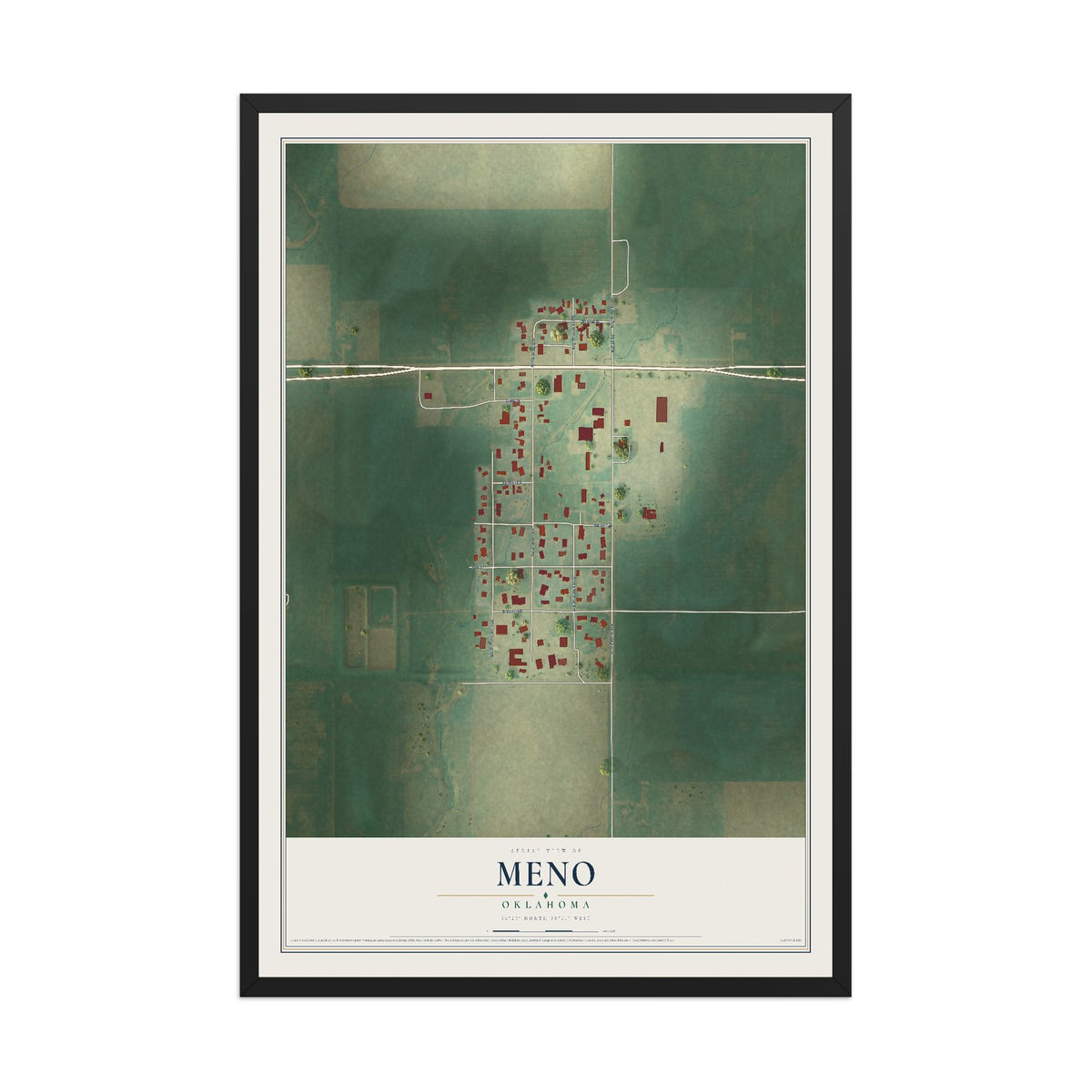 Map of Meno, Oklahoma, 12 x 18 inch print in a black wood frame