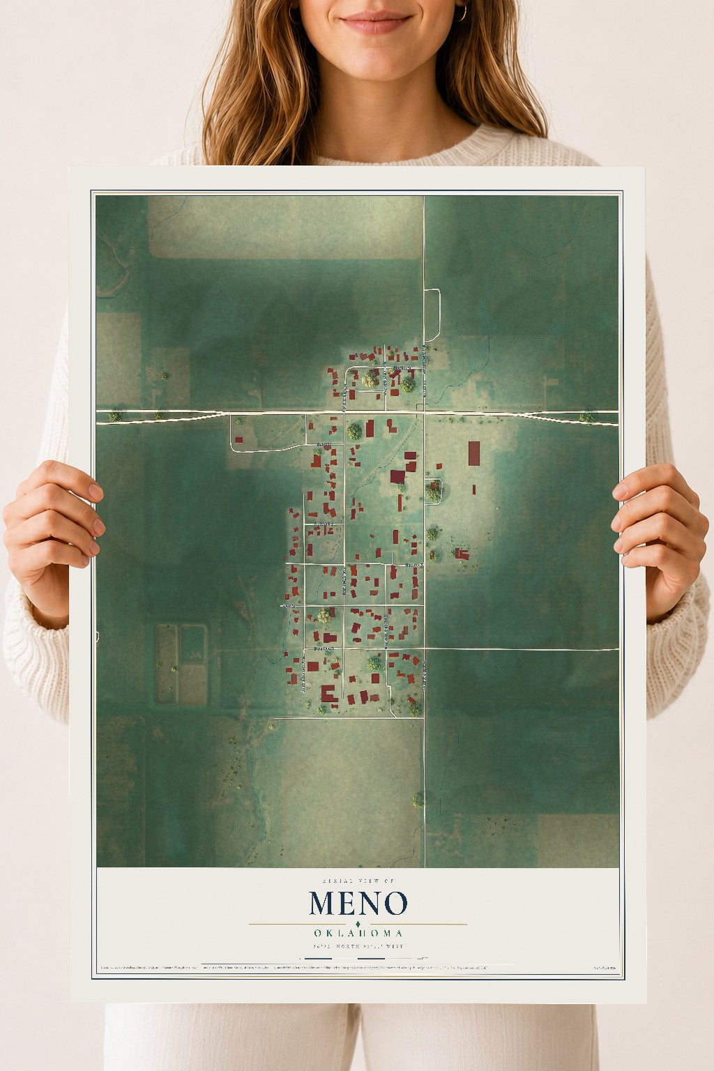 Map of Meno, Oklahoma, 18 x 24 inch unframed archival matte print