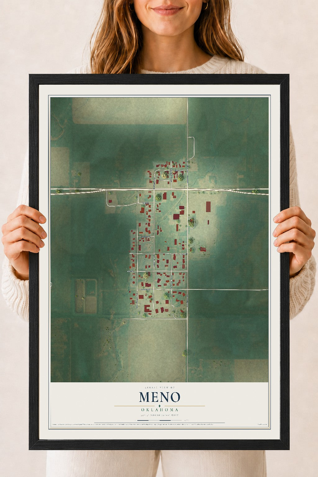 Map of Meno, Oklahoma, 18 x 24 inch print in a black wood frame