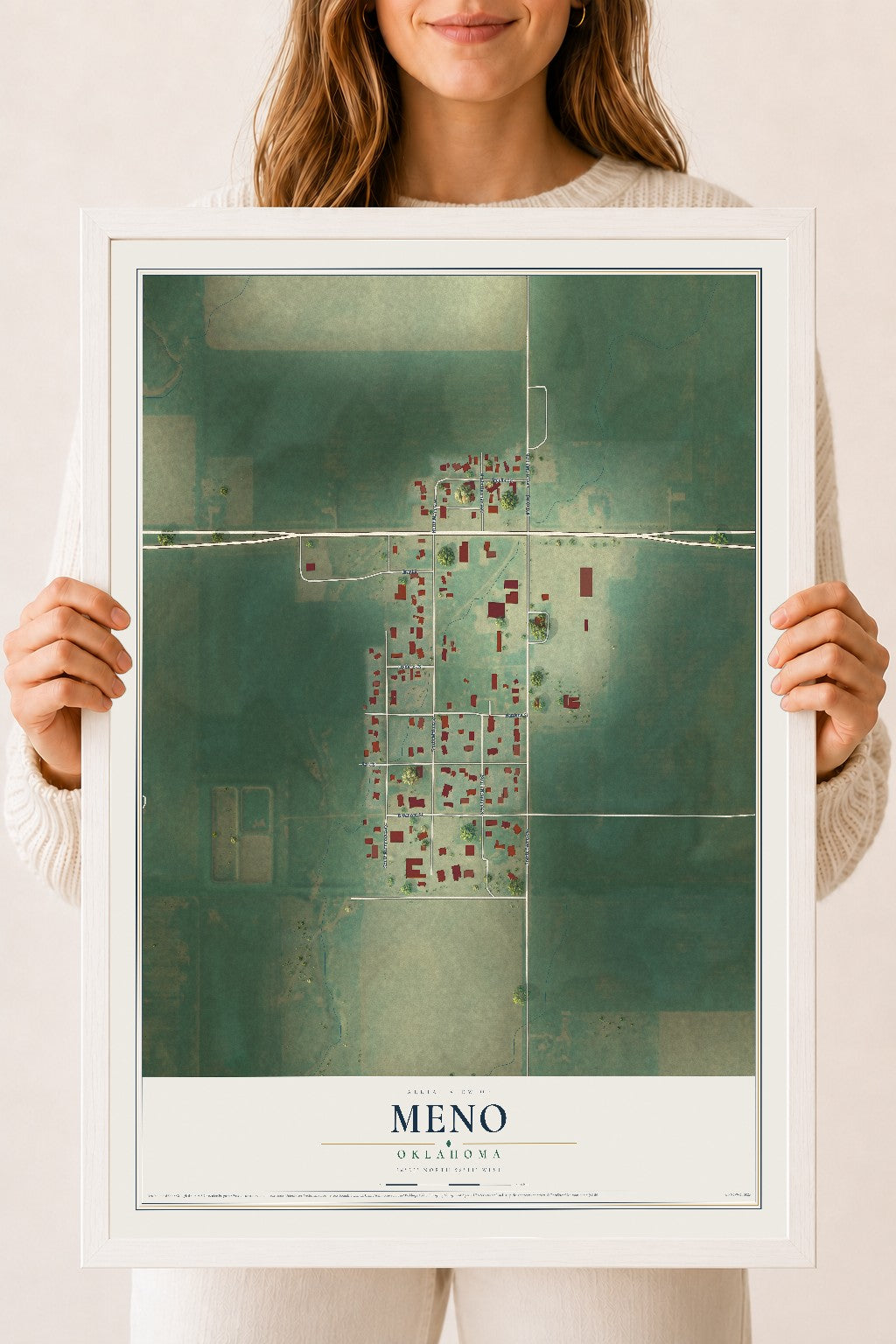 Map of Meno, Oklahoma, 18 x 24 inch print in a white wood frame