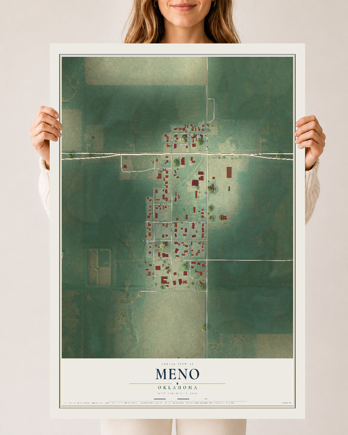 Map of Meno, Oklahoma, 24 x 36 inch unframed archival matte print