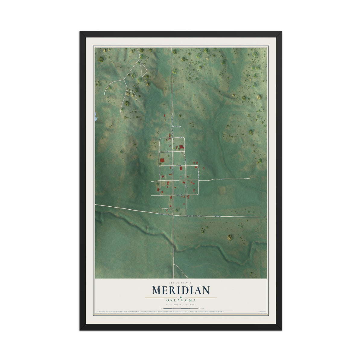 Map of Meridian, Oklahoma, 12 x 18 inch print in a black wood frame