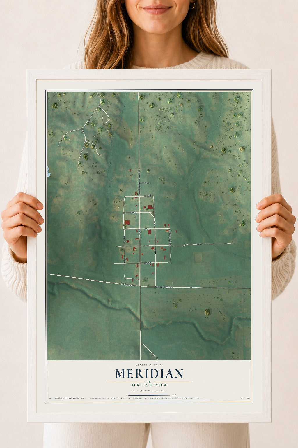 Map of Meridian, Oklahoma, 18 x 24 inch print in a white wood frame