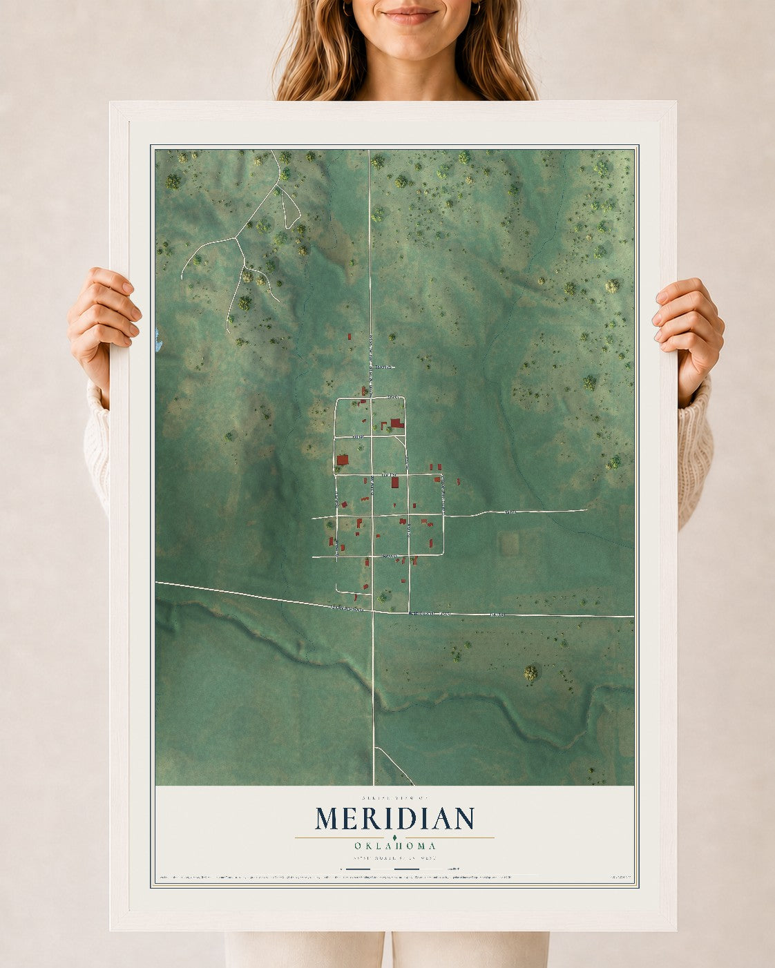 Map of Meridian, Oklahoma, 24 x 36 inch print in a white wood frame